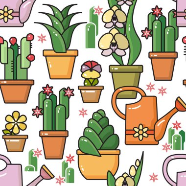 Vektör çizgi çizilmiş sanat houseplants Seramik kaplar ve Bahçe sulama olabilir beyaz üzerine Dikişsiz desen. İç ve Bahçe arka planlar, çiçek tasarım çiçekler. Orkide, kaktüs, sulu.