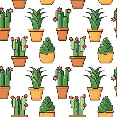 Vektör çizgi çizilmiş sanat houseplants beyaz seramik tencere seamless modeli. İç ve Bahçe arka planlar, çiçek tasarım çiçekler. Kaktüsler kümesi.