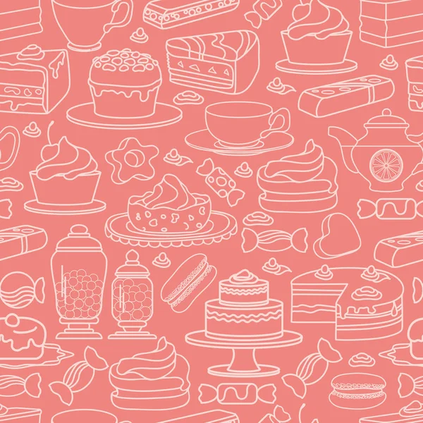 ベクトルお菓子シームレス パターン ピンクの背景に白い線アイコンが分離された菓子が含まれます かわいい様々 なデザート — ストックベクタ