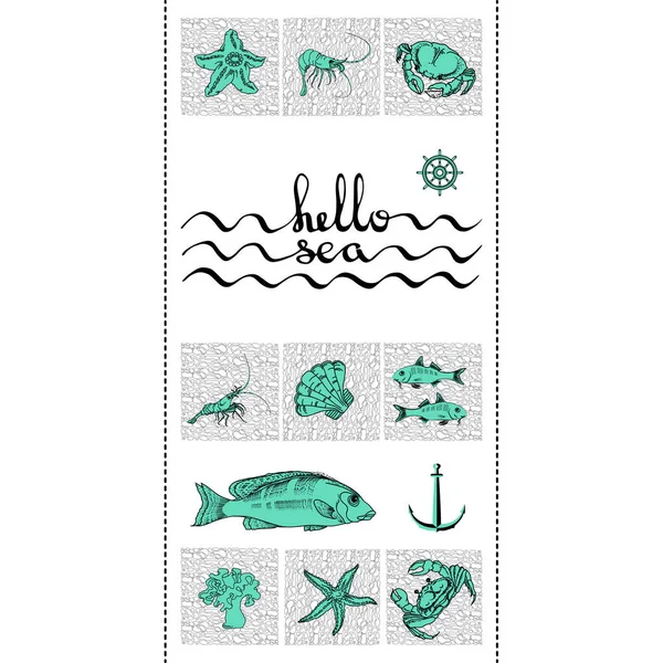 Hallo Zee Kaart Van Vector Met Handgeschreven Tekst Verschillende Zeedieren — Stockvector