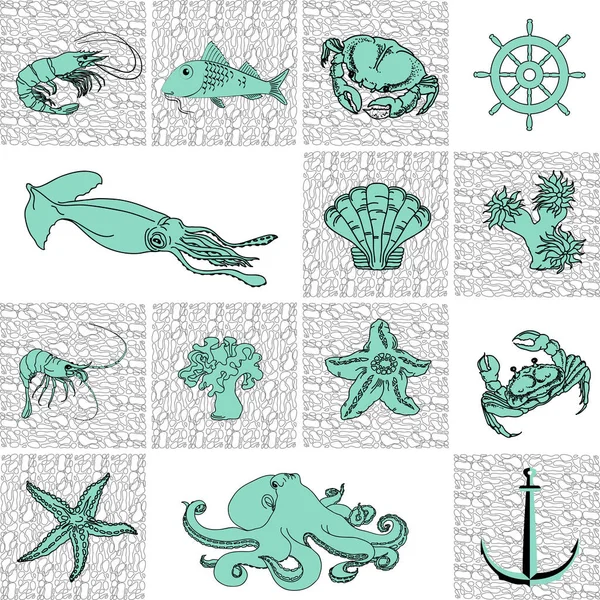 Tarjeta Temática Mar Con Pescado Camarones Cangrejo Timón Concha Estrellas — Vector de stock