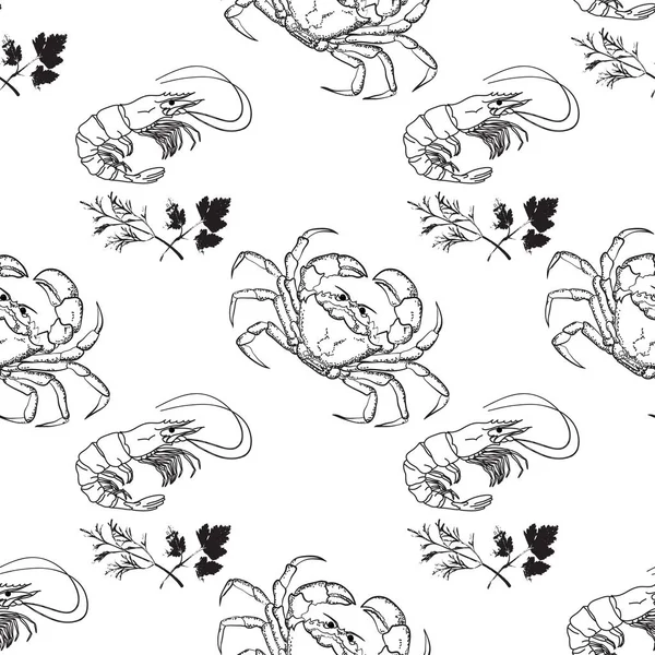 Vektör seamless modeli üzerinde deniz temalı. El doğrusal yengeç ve karides çekilmiş. Arka plan üzerinde beyaz izole anahat deniz yaratıkları.