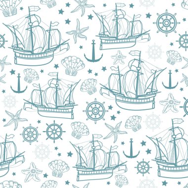 Vektör seamless modeli üzerinde deniz temalı. Çizilmiş yelkenli, deniz yıldızı, cockleshell, çapa, direksiyon simidi. Arka plan mavi doğrusal deniz öğeleri ve üzerinde beyaz izole yaratıklar.