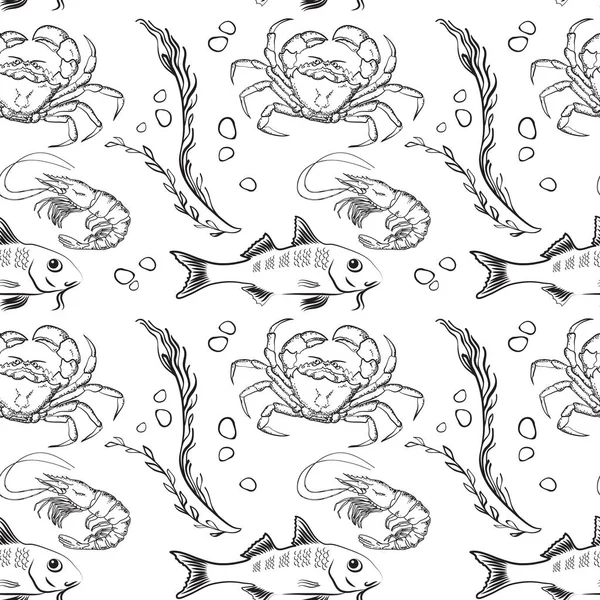 Векторний Безшовний Візерунок Морську Тематику Рука Намальована Лінійна Риба Краб — стоковий вектор