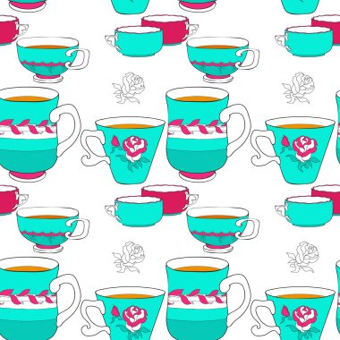 Vektör doodle şık Dikişsiz desen çeşitli parlak renkli çay bardaklarından ayarlayın. Beyaz arka plan üzerinde Kupası.
