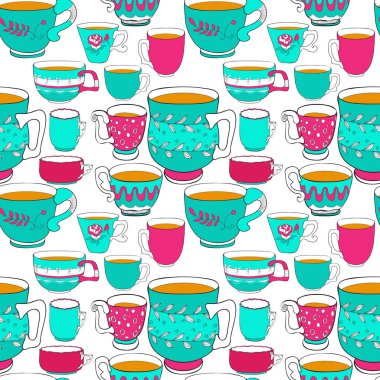 Vektör doodle şık Dikişsiz desen çeşitli parlak renkli çay bardaklarından ayarlayın. Beyaz arka plan üzerinde Kupası.