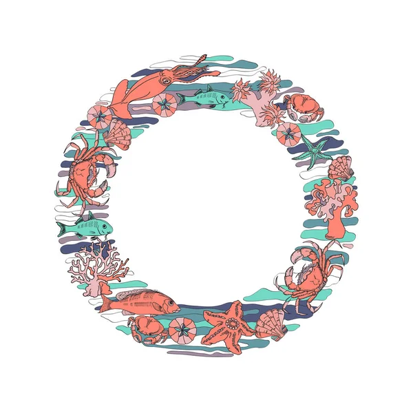 Ronde Kroon Mariene Concept Cirkel Vorm Met Kleurrijke Verschillende Zeedieren — Stockvector