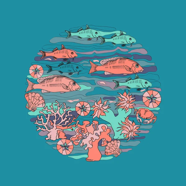 Mariene Concept Cirkel Vorm Met Kleurrijke Verschillende Zeedieren Geïsoleerd Blauwe — Stockvector