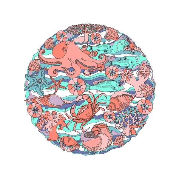 Mariene Concept Cirkel Vorm Met Kleurrijke Verschillende Zeedieren Geïsoleerd Een — Stockvector