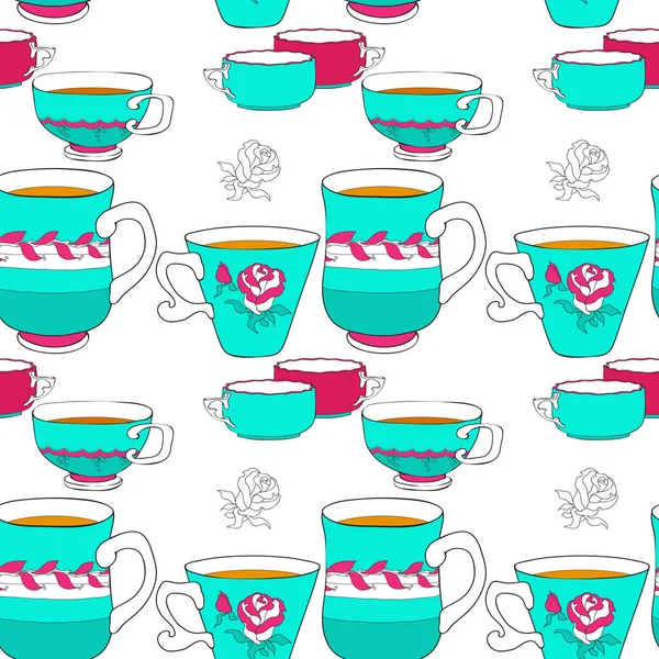 Vector Conjunto Elegante Patrón Sin Costuras Garabato Varias Tazas Colores — Vector de stock