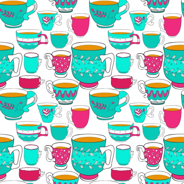 Vector Conjunto Elegante Patrón Sin Costuras Garabato Varias Tazas Colores — Vector de stock