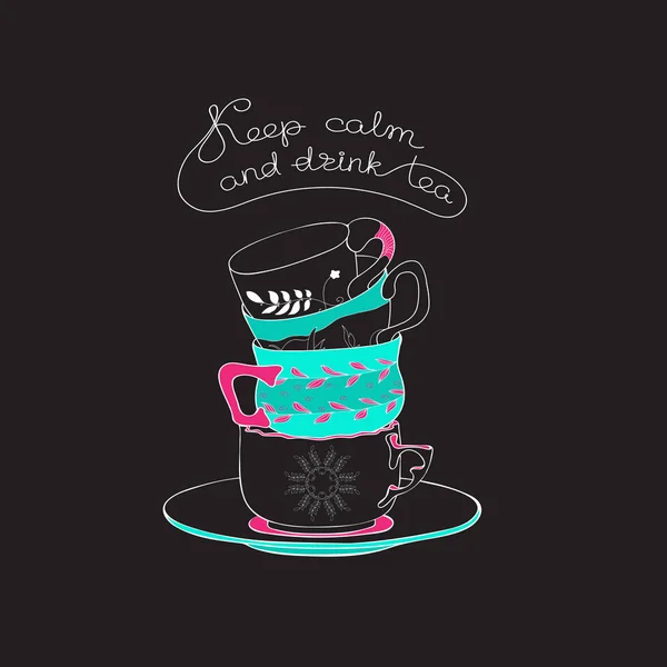 Keep Calm Amd Drink Tea Tea Time Hand Drawn Vector — Stock Vector