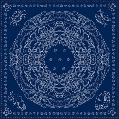 Bandana kare desen tasarım. Beyaz doğrusal mandala, deniz temalı. El çizimi balık, Yengeç, ahtapot ve kabuk. Mavi izole vektör tasarım öğeleri.