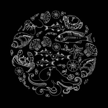 Siyah arka plan üzerine çeşitli deniz canlılarının izole deniz kavramı ince çizgi ile daire şeklinde. El çizimi balık, Yengeç, deniz yıldızı, deniz hayvanı kabuğu. Deniz temalı tasarım öğeleri. Retro deniz vektör çizim.