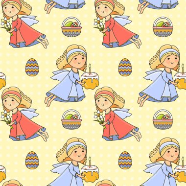 Vektör Paskalya simgesi ile seamless modeli. Renkli yumurta, pasta, sepet ve Sarı zemin üzerine düz stil melek. Tatil vektör arka plan kumaş, scrapbooking, hediye paketi için kağıt üzerine basım için.