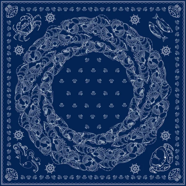 Bandana kare desen tasarım. Beyaz doğrusal mandala, deniz temalı. El çizimi balık, Yengeç, ahtapot ve kabuk. Mavi izole vektör tasarım öğeleri.