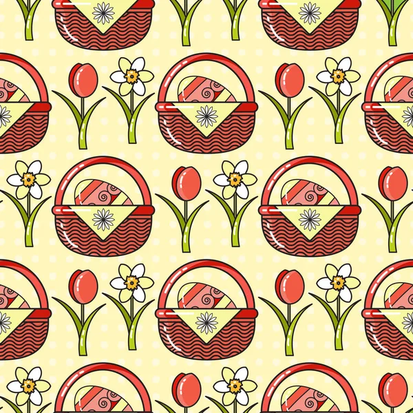 Vektor Vzor Bezešvé Velikonoční Ikonou Barevné Vejce Košík Květiny Ploché — Stockový vektor