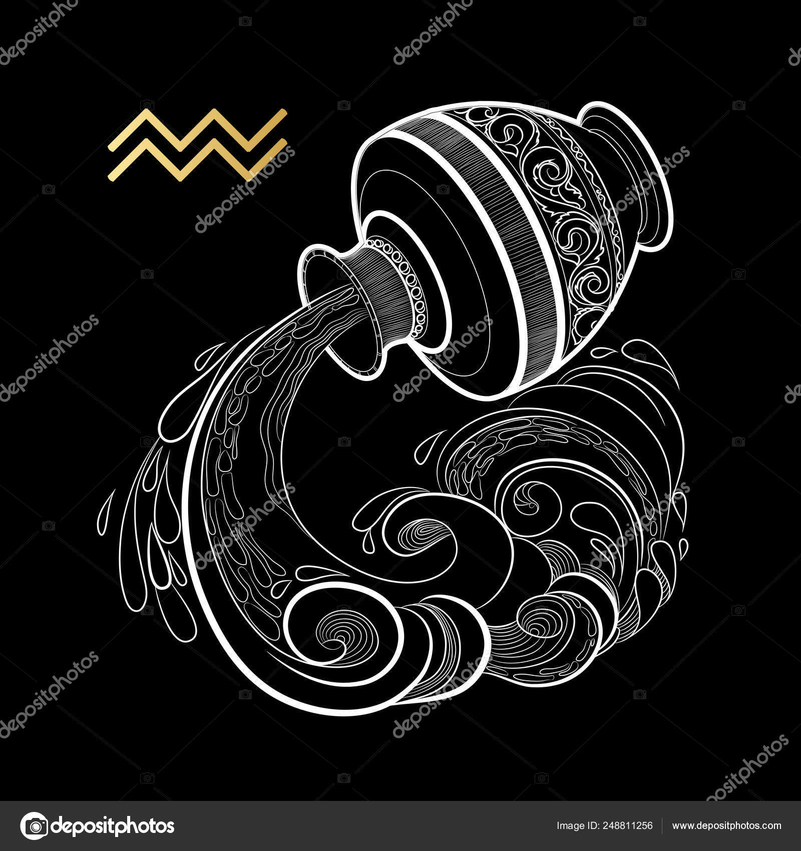 Zodiac sign Aquarius isolated on black background. Vector. — Stock Vector © VeYe #248811256