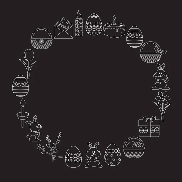 Conjunto vectorial de iconos lineales blancos de Pascua sobre negro . — Vector de stock