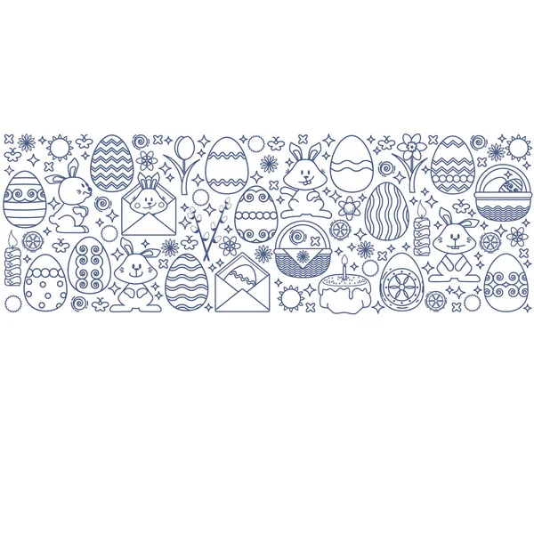Éléments de Pâques disposés en bande. Œuf linéaire vectoriel, Lapin . — Image vectorielle
