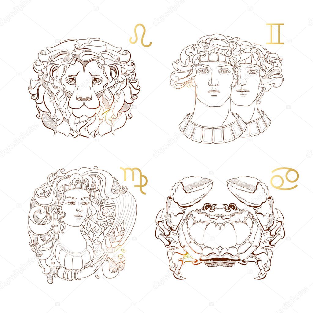 Outline zodiac signs Virgo, Leo, Gemini, Cancer. Vector illustra