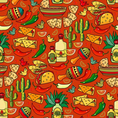 Vektör dikişsiz desen. Sombrero, marakas, biber, kaktüs.