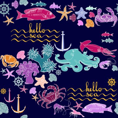 Merhaba deniz. Deniz canlılarının vektör dikişsiz deseni.