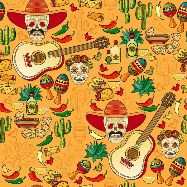 Vektör dikişsiz desen. Sombrero, kafatası, gitar, biber, kaktüs.