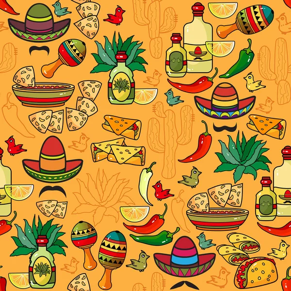 Modèle sans couture vectoriel. Sombrero, maracas, poivre, cactus . — Image vectorielle