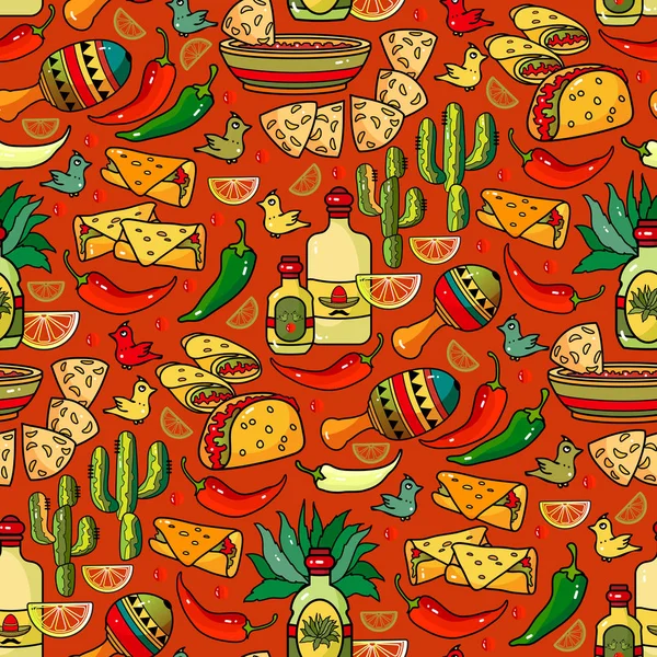 Patrón sin costura vectorial. Sombrero, maracas, pimienta, cactus . — Vector de stock