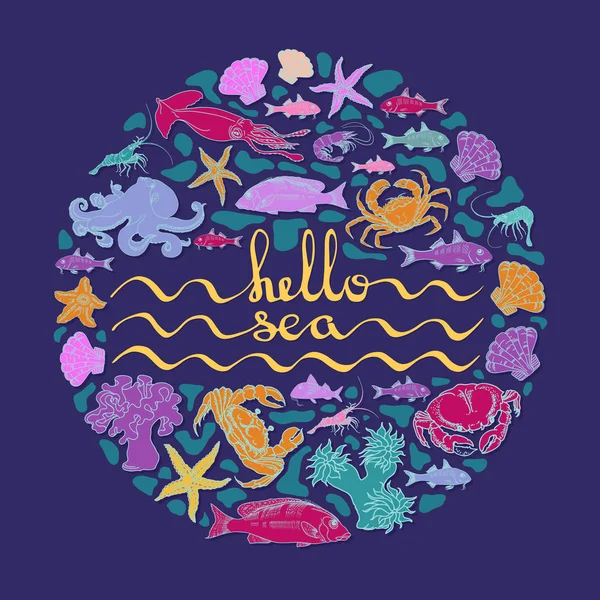 Hello Sea. Vector kaart met handgeschreven tekst, zeedieren. — Stockvector
