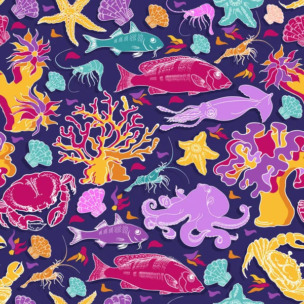 Modèle sans couture vectoriel de poissons, crabes, calmars, poulpes . — Image vectorielle