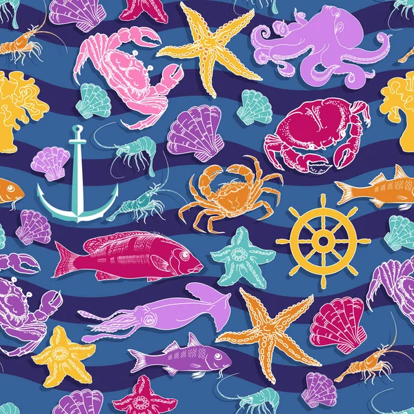 Motif vectoriel sans couture sur le thème marin. Créatures marines . — Image vectorielle