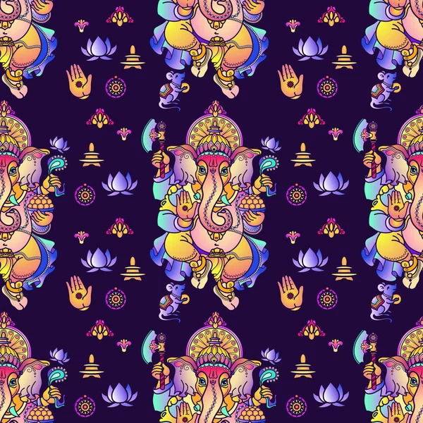 Hindu Tanrısı Ganesha ve Hint sembolleri. Vektör dikişsiz desen.
