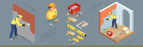 Constructor está enyesando la pared de ladrillo. Ilustración isométrica de vectores . — Vector de stock