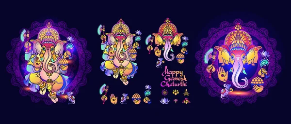 Hindu Tanrısı Ganesha. Lord Ganesh elementleri seti. Vektör.