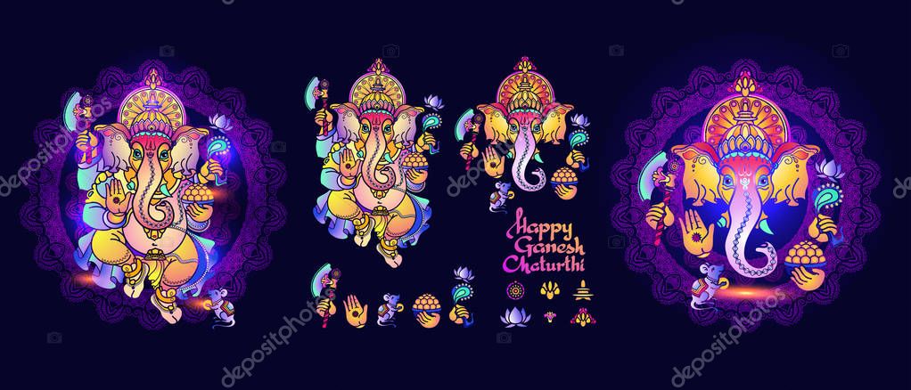 Hindu God Ganesha. Set of Lord Ganesh elements for greeting card. Hand drawn tribal style. Ganesha ganapati Vector illustration on dark blue background. Hindu elephant. Happy ganesh chaturthi design.