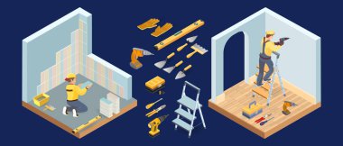 Isometric interior repairs concept. Electrician and tilers tools. Vector illustration. clipart