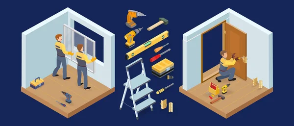 Pencere ve kapı kurulum servisi. Isometric soyut onarım simgeleri. Vektör.