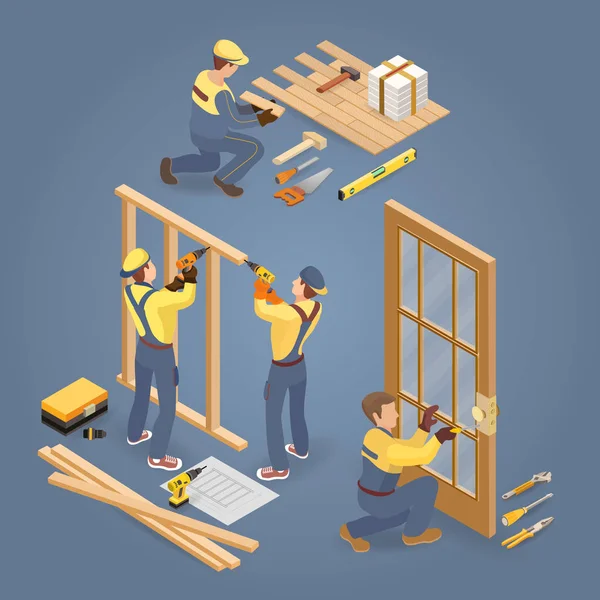 Services de construction. Plancher et porte installateur. Ouvrier, outils. Isom — Image vectorielle