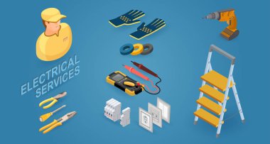 Elektrik hizmetleri. İşçi ve ekipman isometrik simgesi. Vektör