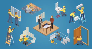 Ev onarım isometrik simgeler işçiler, araçlar ile ayarlanmış.