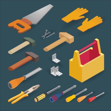 İzometrik inşaat araçları. El testeresi, keski, kutu, tornavida ve çekiç.