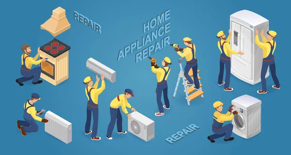 Isometric workers with faulty home appliances. Vector illustration. — Stock Vector