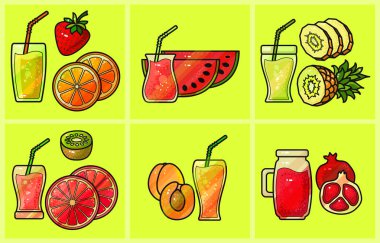 Renkli meyve suyu simgeleri ayarlayın. Yaz parlak meyve. Vektör.