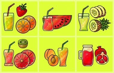 Renkli meyve suyu simgeleri ayarlayın. Yaz parlak meyve. Vektör.