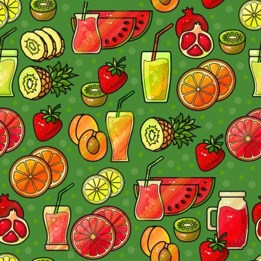 Meyve suyu ile dikişsiz desen. Parlak baskı tasarımı, vektör.