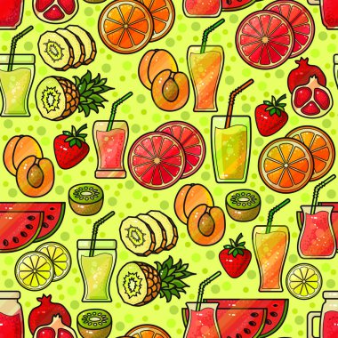 Meyve suyu ile dikişsiz desen. Parlak baskı tasarımı, vektör.