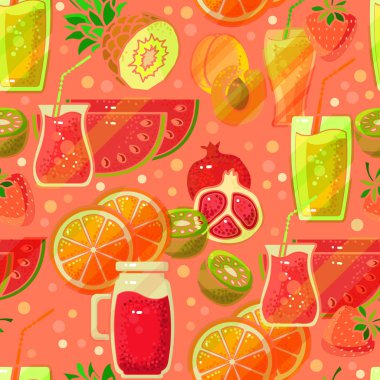Meyve suyu ile dikişsiz desen. Parlak baskı tasarımı, vektör.