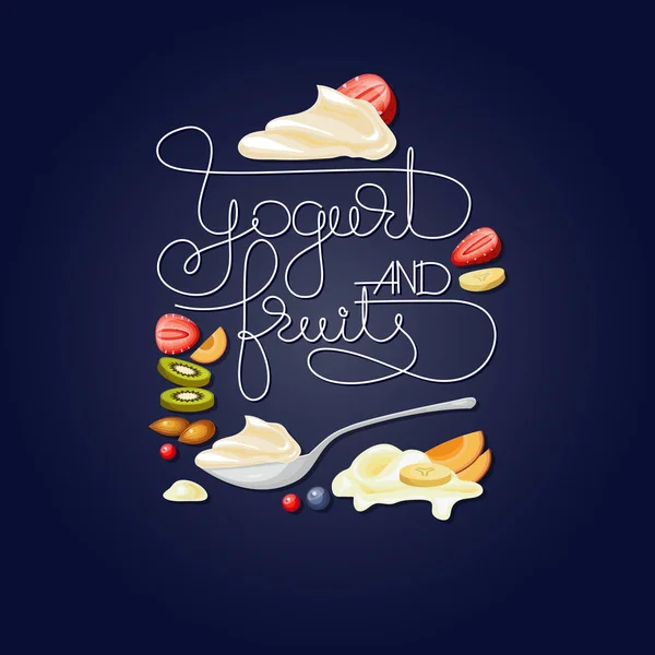 Iogurte, frutas, nozes e bagas. Banner vetorial de comida saudável . —  Vetores de Stock